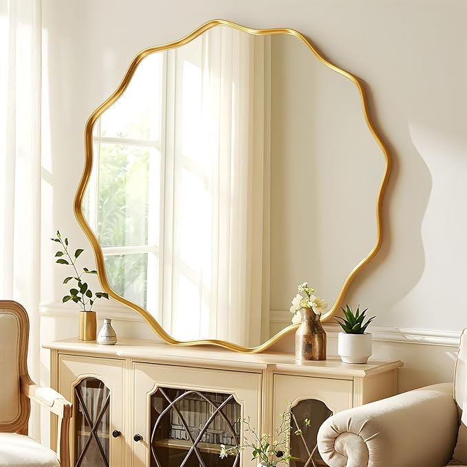 30 Inch Scalloped Round Wall Mirror, Gold Wavy Edge Frame Circle Mirror for Bathroom, Bedroom, Entryway, Living Room for Wall Decor