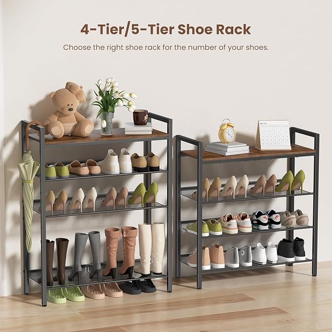 5 Tier Shoe Rack for Entryway, Metal Shoe Rack Heavy Duty with Wooden Top & Adjustable Mesh Shelves, Shoe Storage Organizer for Front Door Entrance/Closet/Bedroom/Dorm/Garage