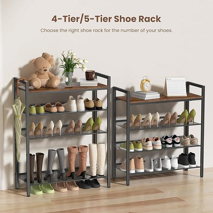 4 Tier Shoe Rack for Entryway, Metal Shoe Rack Heavy Duty with Wooden Top & Adjustable Mesh Shelves, Shoe Storage Organizer for Front Door Entrance/Closet/Bedroom/Dorm/Garage