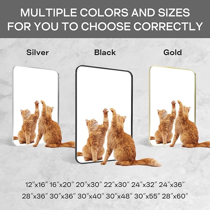 Wall Mount Mirror for Bathroom, Brushed Silver Metal Framed Rounded Corner Rectangular Vanity Mirror (24