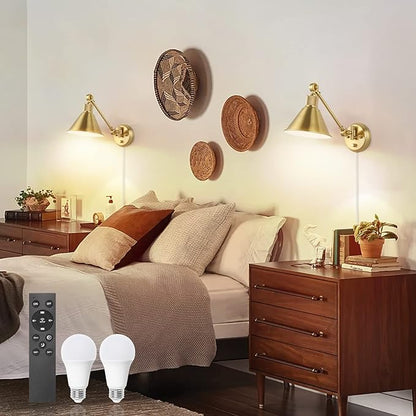 TRLIFE Dimmable Wall Sconce with Remote Control, Brushed Brass Plug in Wall Sconces Adjustable Color Temperature 2700K-6000K, Swing Arm Wall Lights with Plug in Cord, UL Listed(2 Pack, 2 Bulbs)
