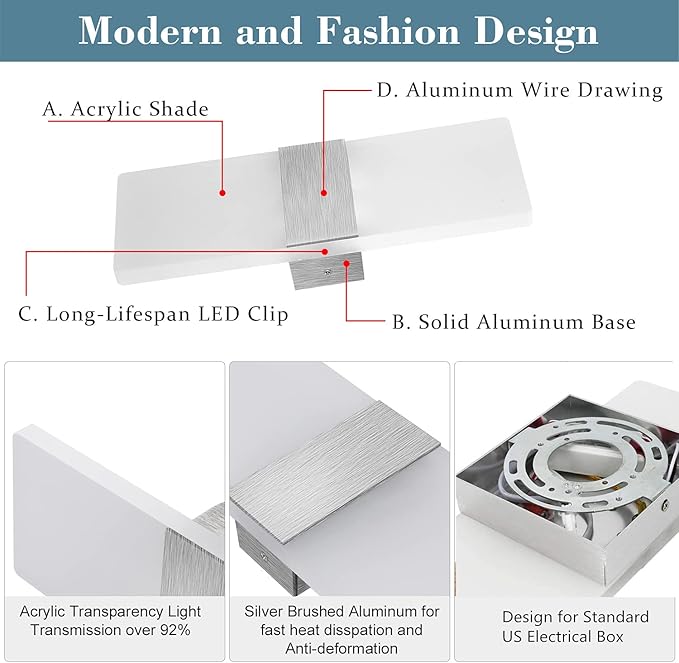 Lightess Dimmable Wall Sconce Set of 2, Modern LED Wall Lamp 12W for Hallway Bedroom Living Room, Warm White, HS