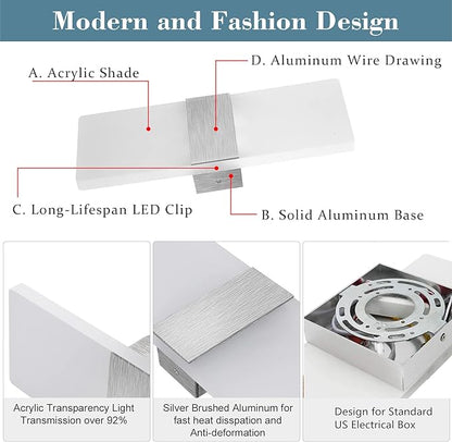 Lightess Dimmable Wall Sconces Set of 2, Modern LED Wall Lamp 12W for Hallway Bedroom Living Room, Cool White, HS821-2