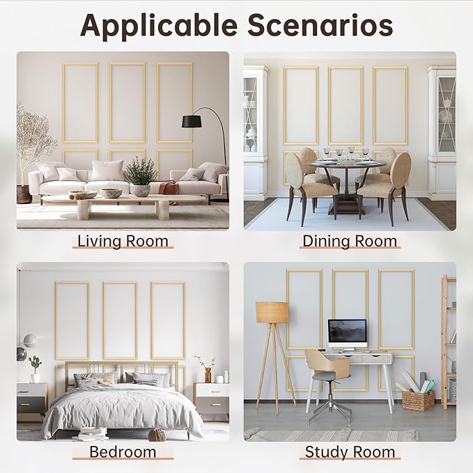 DODOKIE Peel and Stick Wall Molding Kit, Pre Cut Molding Wainscoting Panels for Interior Home Wall Moulding Décor Living Room Decoration, Self-Adhesive Ready to Assemble Gold (3 Set, 24 x 78 in)