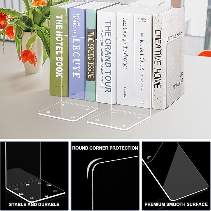 VFINE Bookends 4 Pieces, Acrylic Book End Clear Bookends for Shelves Decorative Bookend Non-Skid Book Ends Book Holders Book Organizer for Home Office School Supplies