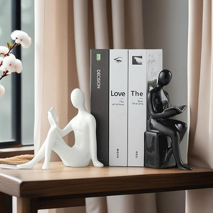 Home Decorative Reading Couple Statue Bookends Elegant Ceramic Bookshelf Room Office Desk Decor,Paper Weights, Book Ends,Bookend Supports, Book Stoppers, Set of 2 (Black and White)