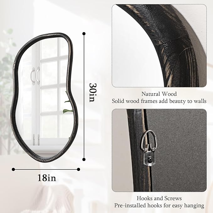 Wood Frame Asymmetrical Irregular Wall Mirror Large Bathroom Mirror for Over Sink Rustic Black Wall Mounted Mirror for Living Room Bedroom Entryway Hallway
