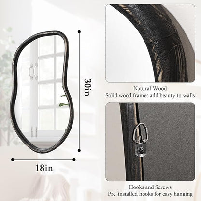Wood Frame Asymmetrical Irregular Wall Mirror Large Bathroom Mirror for Over Sink Rustic Black Wall Mounted Mirror for Living Room Bedroom Entryway Hallway