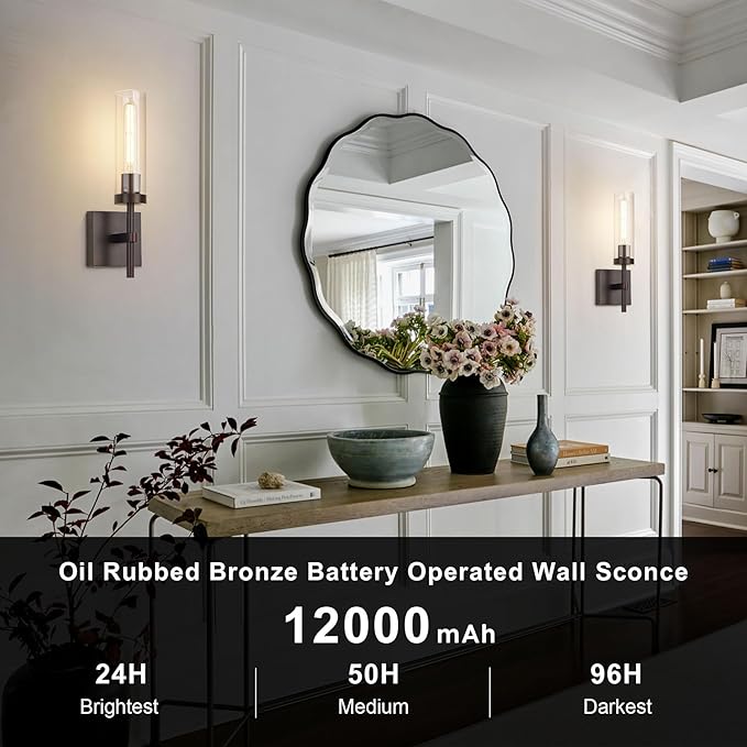 Oil Rubbed Bronze Battery Operated Wall Sconces with Remote Control, Wireless Wall Sconce Set of 2, Rechargeable Cordless Wall Lights for Living Room Bathroom Hallway Entryway Stairwell