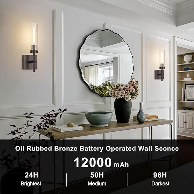 Oil Rubbed Bronze Battery Operated Wall Sconces with Remote Control, Wireless Wall Sconce Set of 2, Rechargeable Cordless Wall Lights for Living Room Bathroom Hallway Entryway Stairwell