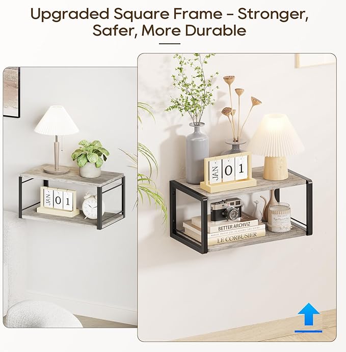 Floating Nightstand Set of 2, Wood Bedside Shelf Wall Mounted Nightstand with Heavy-Duty Frame, Floating Bedside Table for Bedroom, Bathroom, Kitchen, (Vintage Grey, 2 Pack)