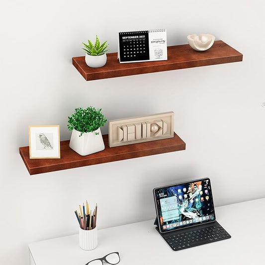 Floating Shelves (Set of 2) – Wall Mounted Shelves for Home Décor and Storage, Natural Pine Wood, Suitable for Living Room and Bedroom (Brown, 23.6" x 5.7" x 1.0")