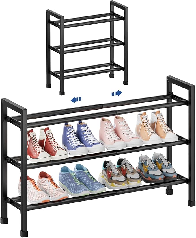 Abiglifty 3-Tier Expandable Shoe Rack,17"-33" Adjustable Shoe Rack for Closet,Metal Shoes Shelves for Front Door Entrance, Garage & Corridor, Free Standing Shoe Holders, Easy to Assemble,Black