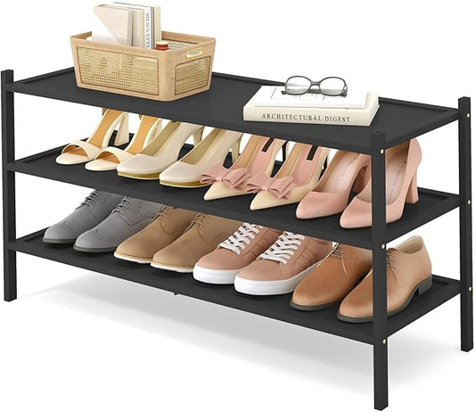 Smiry Bamboo Long Shoe Rack, 3 Tier Shoe Organizer for Entryway & Closet, Stackable Free Standing Storage Shelf for Shoes, Bags & Plants, Black