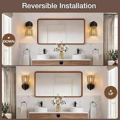 Boho Rattan Wall Sconces Set of 2 - Vanity Lights for Bathroom Farmhouse Wall Light Fixtures with Rotary Switch - Black Indoor Wall Mount Lighting Rustic Lamp for Bedroom Living Room Hallway