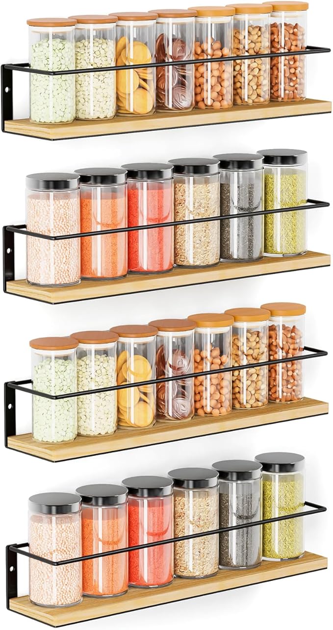 Spice Rack, Self-Adhesive or drilling, Rustic Style Hanging Spice Rack, Spice Organization for Cabinet Door or Wall Mount, Over The Stove, Kitchen Wall, 4-Pack, Wood Color