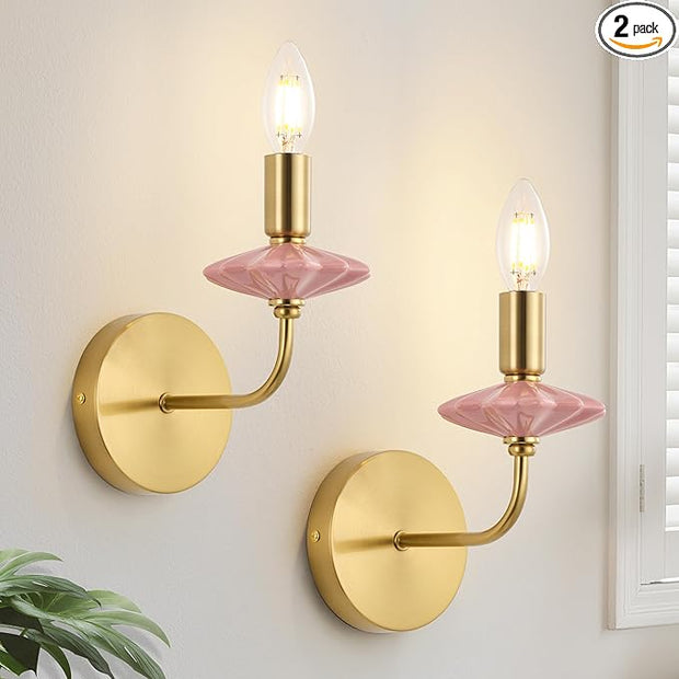 Modern Retro Wall sconces Set of Two with Pink Ceramic Flower Decoration,Brushed Gold Wall Lights, Hardwired Vintage Vanity Light for Bathroom, Living Room, Bedroom, and hallways.