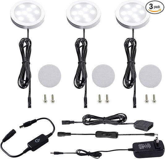 AIBOO Under Cabinet LED Puck Lighting Kit Black Cord with Touch Dimmer Switch for Kitchen Showcase Cupboard Closet Lighting 3 Lights 6W (Daylight White)