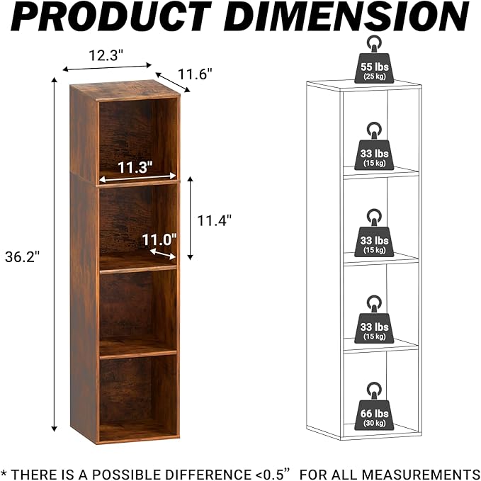 4 Cube Storage Organizer, 4 Tier Cube Low Bookcase Freestanding Storage Display Organizer, Four-Cubes Open Shelf Bookshelf for Home Office (Retro Brown, 4-Cube)
