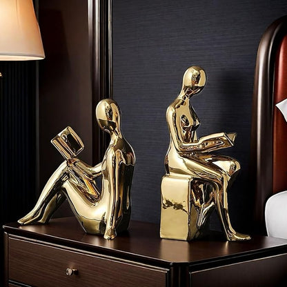 Home Decorative Reading Book Statue Bookends Elegant Ceramic Bookshelf Room Office Desk Decor,Paper Weights, Book Ends,Bookend Supports, Book Stoppers, Set of 2 (Gold)