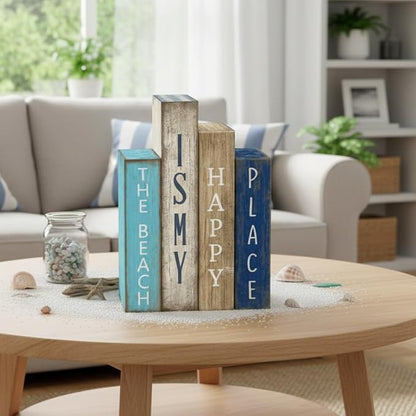 4 Pcs Summer Table Decoration Wooden Book Coastal Beach Decoration Blue and White Summer Tiered Tray Decor Wood Book Signs Farmhouse for Ocean Party Home Shelf Coffee Table