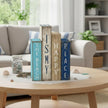 4 Pcs Summer Table Decoration Wooden Book Coastal Beach Decoration Blue and White Summer Tiered Tray Decor Wood Book Signs Farmhouse for Ocean Party Home Shelf Coffee Table