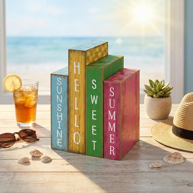 4 Pcs Summer Table Decoration Wooden Book Hawaii Beach Decoration Blue Yellow and Red Summer Tiered Tray Decor Wood Book Sign Farmhouse for Hawaii Party Home Shelf Coffee Table