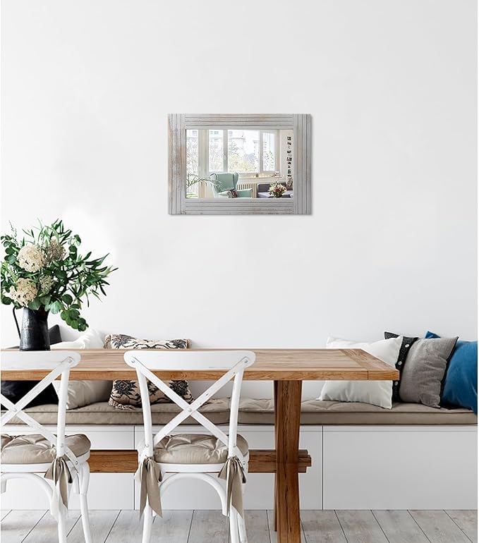 Rustic Wall Mirror Farmhouse, with Frame Wood Wall Mirror Rectangle Antique Decor Hanging Mirror for Bathroom Living Room Bedroom Entryway Small 16