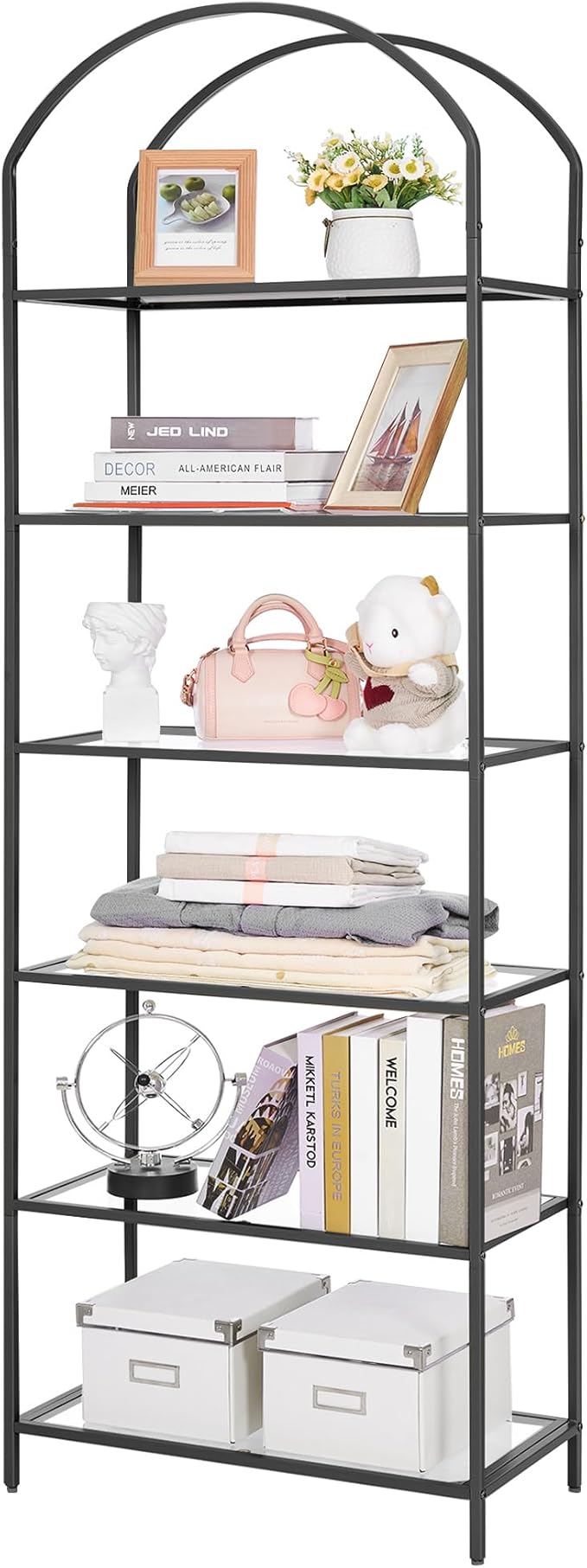 Homhedy Bookshelf Arched Display Racks,Metal Bookcase,Tempered Glass Shelves,Storage Rack Shelf for Home Office,Living Room,Bedroom, Bathroom,Modern Style (Black, 11.8