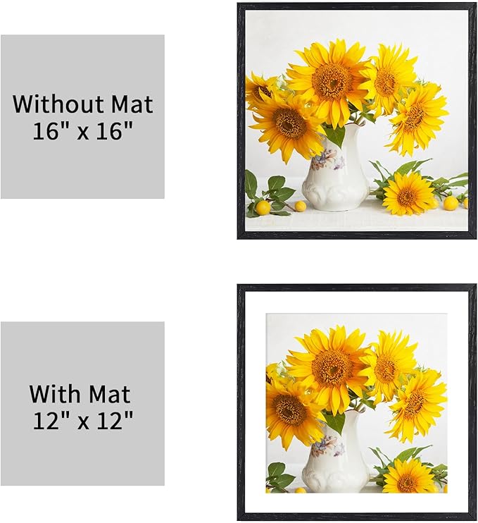 puthiac 16x16 Solid Oak Wood Picture Frame, Fits 12x12 with Mat or 16x16 Without Mat, Wall Display Only, Plexi Front, 3 Pack, Black