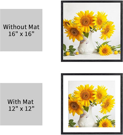 puthiac 16x16 Solid Oak Wood Picture Frame, Fits 12x12 with Mat or 16x16 Without Mat, Wall Display Only, Plexi Front, 3 Pack, Black