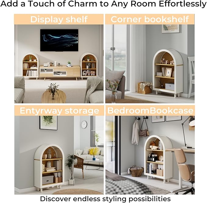 3-Tier Arched Bookcase,Modern Low Short Bookshelf,Small Wood Open Display Shelf,Arched Storage Cabinet for Living Room,Bedroom,Home Office,White