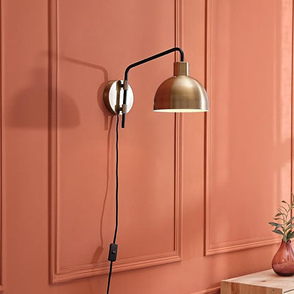 Globe Electric 51719 1-Light Plug-in or Hardwire Wall Sconce, Antique Brass, Matte Black Accent, Fabric Cord, in-Line On/Off Switch, Kitchen, Reading Light, Home Essentials, Bedroom, Bedside Lamp