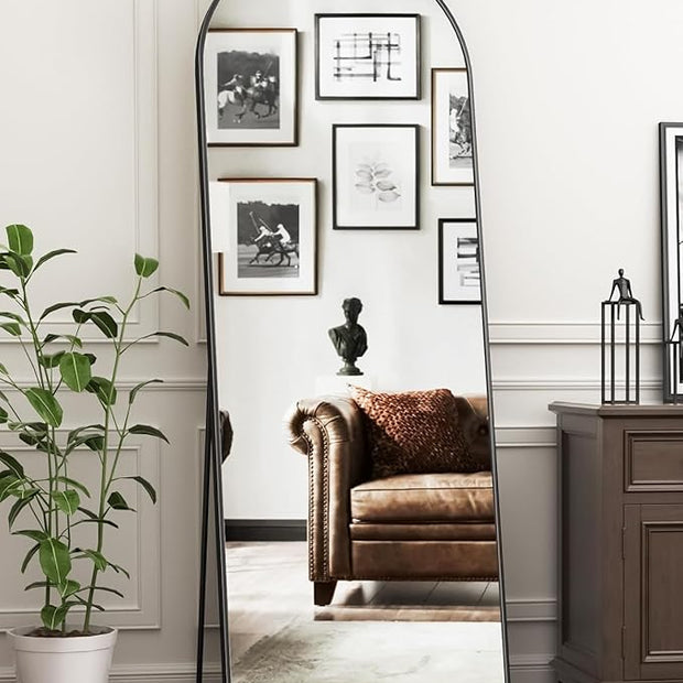 Antok 65" x22” Arched Full Length Floor Mirror, Black Aluminum Frame, Free Standing/Wall Mount/Leaning for Bedroom, Living Room, Dressing Room