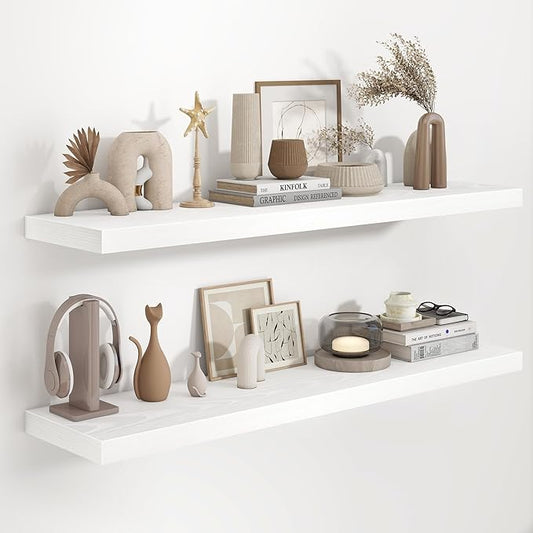 Fun Memories 48 Inch Floating Shelves in White, 9.3 Inch Deep Wall Shelves for Bathroom, Living Room, Bedroom, Kitchen, Deep Long Shelf Wall Mounted 2 Pack Shelf for Books, Decor