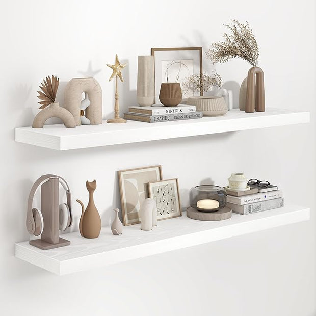 Fun Memories 48 Inch Floating Shelves in White, 9.3 Inch Deep Wall Shelves for Bathroom, Living Room, Bedroom, Kitchen, Deep Long Shelf Wall Mounted 2 Pack Shelf for Books, Decor