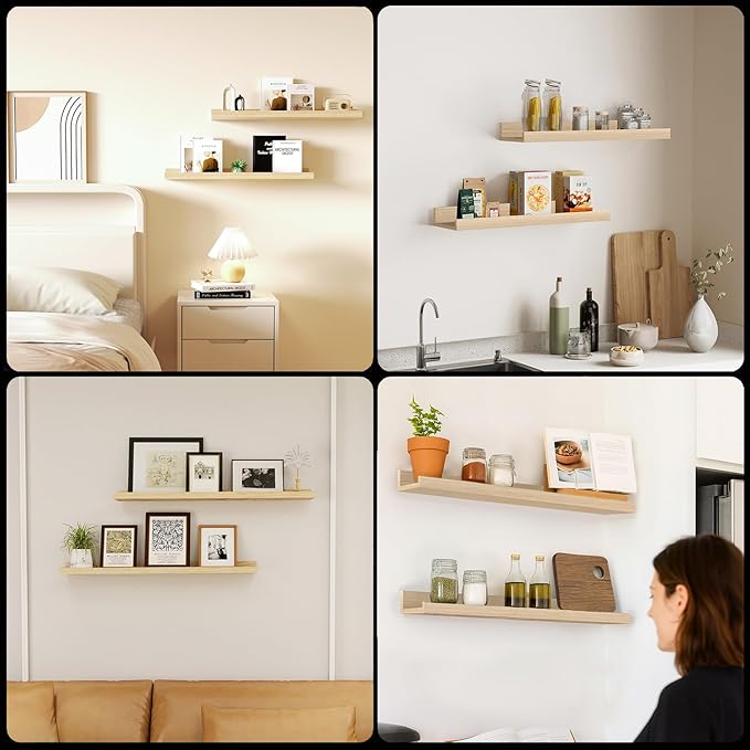 24inch Floating Picture Ledge Shelves 2-Pack, Oak Wall Mounted Shelves with Lip for Nursery, Kids Room, Living Room & Bedroom, Sturdy Floating Book Shelves for Photo Frames & Decor