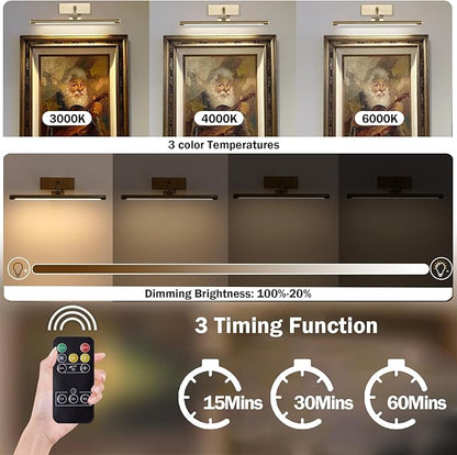 Wireless Picture Light for Wall Battery Operated Rechargeable Art Lights Dimmable Painting Lights Brass Gallery Light with Remote Wall Lights for Display, Artwork, Portrait (15.94Inch)