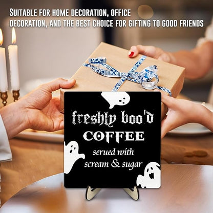 Freshly Boo'd Coffee Wood Sign, Halloween Coffee Bar Decor, Scream Sugar Spooky Season Haunted House Signs Ghosts Fall Shelf Sitter Kitchen Rustic Farmhouse Home Decor Wooden Plaque Sign