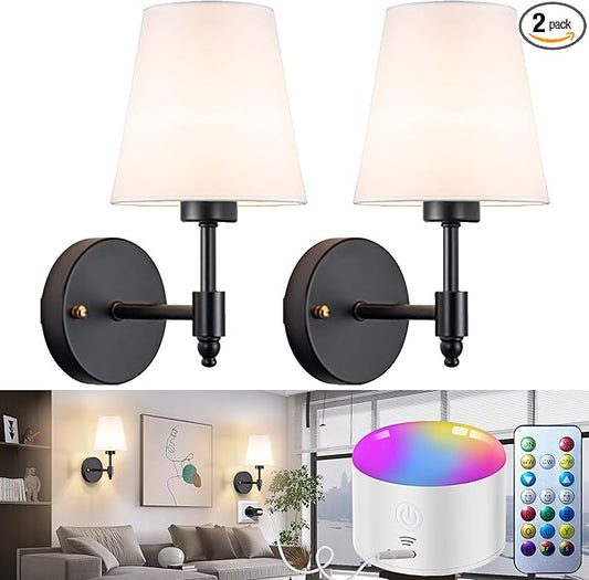Battery Operated Wall Sconces Set of Two, Rechargeable Wireless Wall Lights with 10000mAh RGB Dimmable Detachable Bulb, Battery Sconces Wall Decor with Remote for Bedroom Living Room Hallway