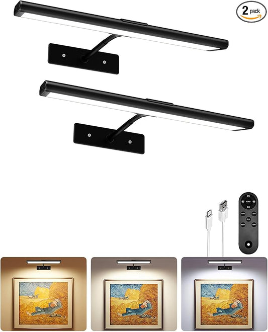 EZVALO Picture Light for Wall, 13'' Black Rechargeable 4800mAh Battery Lights Wireless with IR Remote, Magnetic LED Art Painting Light with 3 Color Temperatures, Display for Gallery, Living Room(2P)