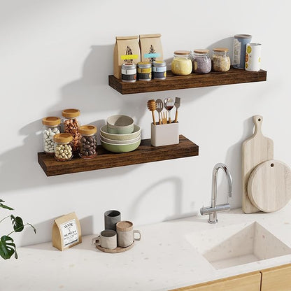 Fun Memories 30Inch Floating Shelves for Wall, 2 Pack Rustic Wood Shelves for Bathroom|Kitchen Wall Mounted Floating Shelf with Invisible Brackets for Books|Storage|Decor, Brown