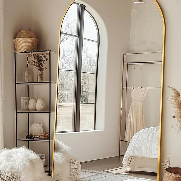 Full Length Mirror with Stand, 81"x41" Arched Full Body Mirror, Large Stand Up Mirrors, Aluminum Frame Floor Standing Mirrors, Freestanding Hanging Leaning Mounted for Bedroom Living Room,Gold