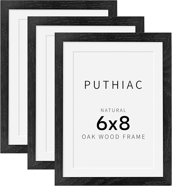 puthiac 6x8 Solid Oak Wood Picture Frame, Fits 5x7 with Mat or 6x8 Without Mat, Wall or Tabletop Display with Stand, Vertical or Horizontal, Plexi Front, 3 Pack, Black