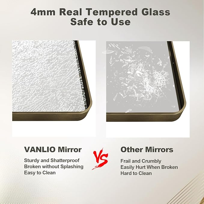 36x36 Inch Bronze Framed Bathroom Mirror, Rectangle Brushed Bronze Metal Vanity Mirror, Square Modern Wall Mirror, Rounded Corner, Tempered Glass, Anti-Rust, Shatterproof (Horizontal/Vertical)
