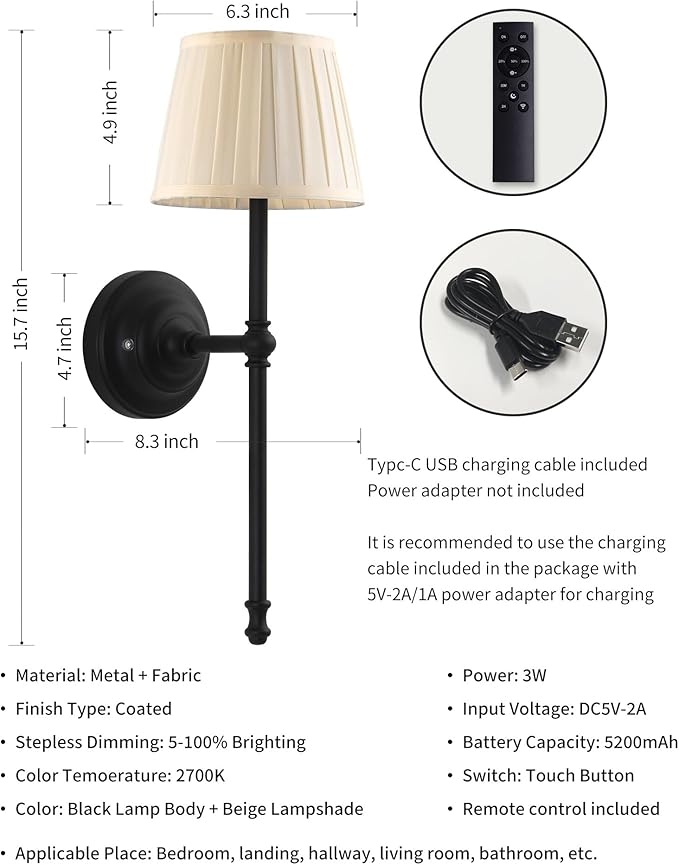 KDG Cordless Wall Sconces Set of 2, Small Wireless 5200mAh Rechargeable Battery Fabric LED Wall Lamps, Portables Lightings for Wall Painting, Living Room, Bedroom, Hallway, Gifts, Night Light (Black)