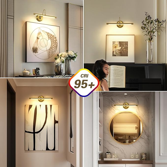 Modern LED Picture Light Hardwired, 16.5 Inch Dimmable Gallery Art Light with 270° Rotatable Lamp Head, Brass Wall Sconce for Paintings Display, 3000K Warm White, Metal Swing Arm Art Lamp for Mirror
