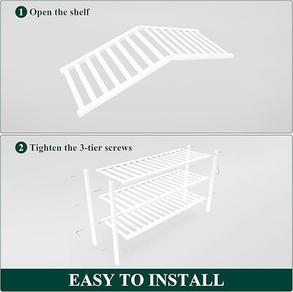 Smiry Bamboo Shoe Rack for Closet, 3 Tier Long Wooden Stackable Shoe Organizer, Free Standing Shoes Storage Shelf for Entryway, Front Door Entrance, White