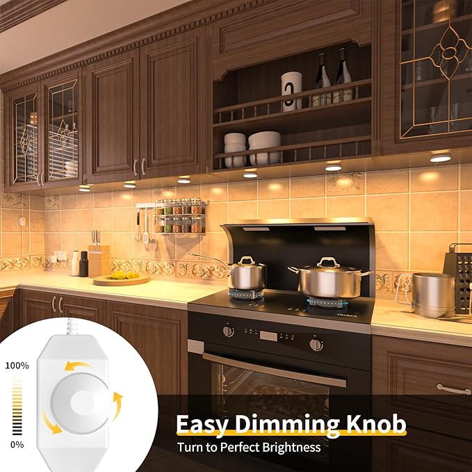 WOBANE LED Puck Lights Plug in, Under Cabinet Lighting with Switch, Dimmable Under Counter Lighting for Shelf, Closet, Cupboard, Bookcase, Display, Super Bright, 2700K Warm White, 6 Pack