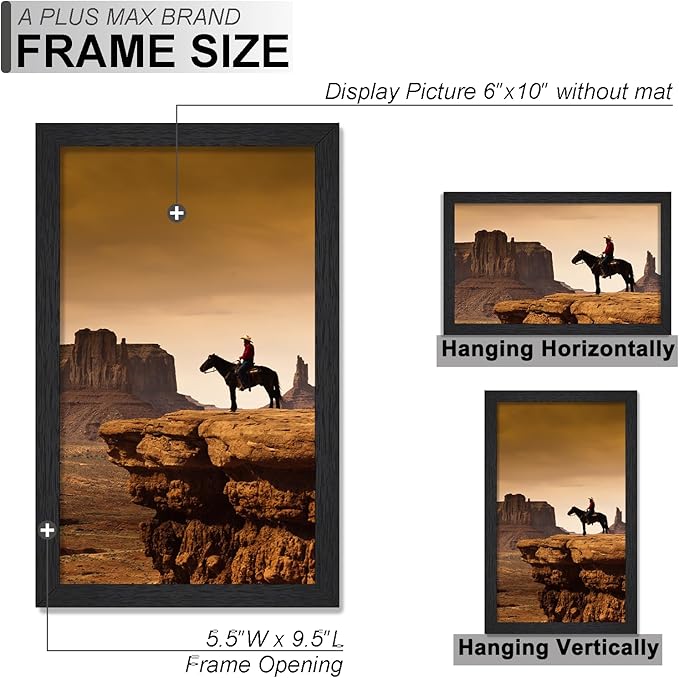 A PLUS MAX 6x10 Picture Frame Set of 6, Black Engineered Wood Frame for 6 x 10 Inch Picture Poster Photo, Light Weight 6 by 10 Frame with Wood-grain for Wall - 6 Pack/Black/6
